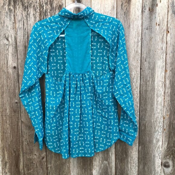 Vintage Pout Dragonfly Open Cutout Back Blue Button Down Blouse Top Medium - Picture 4 of 8